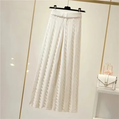 Women's beige cozy knit three-piece set with high-collar sweater and wide-leg pants