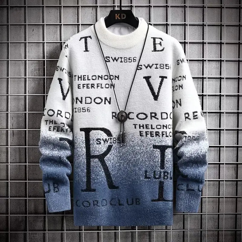 Men's relaxed fit wool-feel knit pullover sweatshirt with subtle text print O-neck in casual style