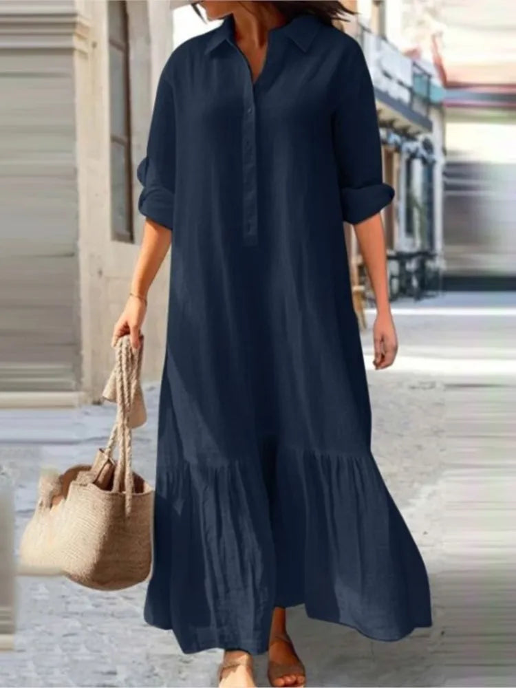 Tiered shirt maxi dress in breathable 100% cotton with relaxed ankle-length silhouette and layered tiers