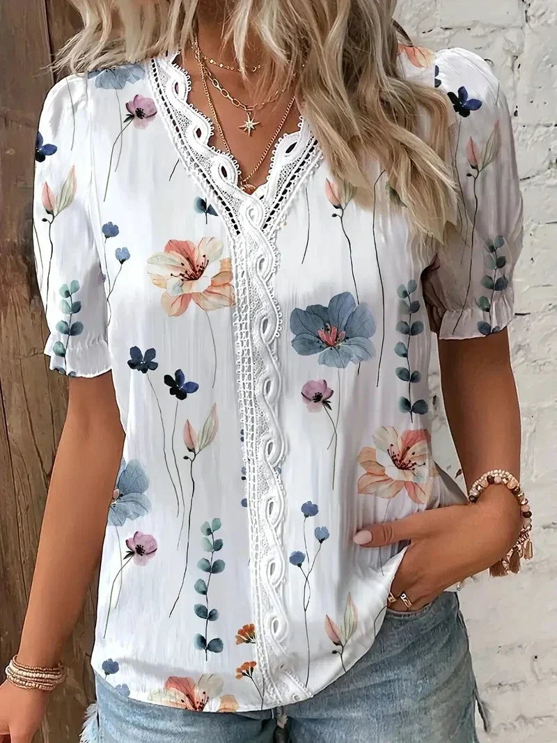 Floral lace V-neck blouse relaxed fit with delicate feminine detailing for casual and special occasions