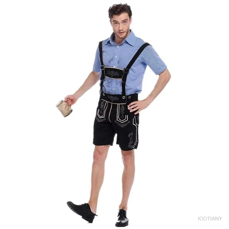 Men's brown traditional Bavarian lederhosen costume with suspenders and authentic embroidery stitching