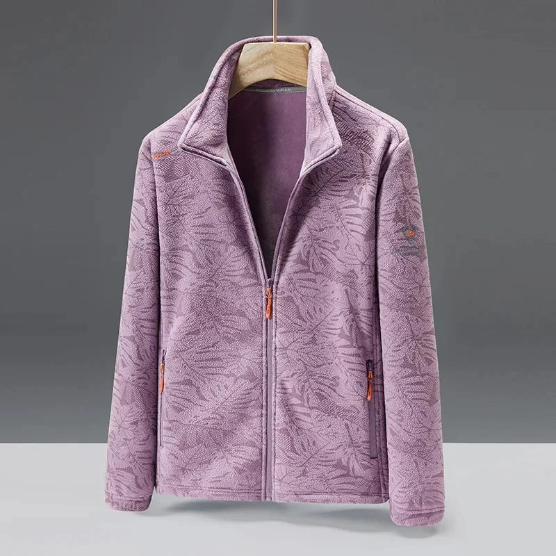 Men's gray textured plush fleece jacket with high collar, zip pockets, and standard casual fit