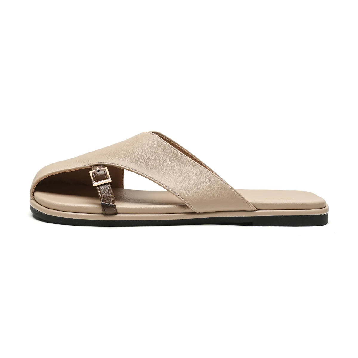 Belle Voie half-covered square-toe flats with cross strap and metal hardware in contemporary style