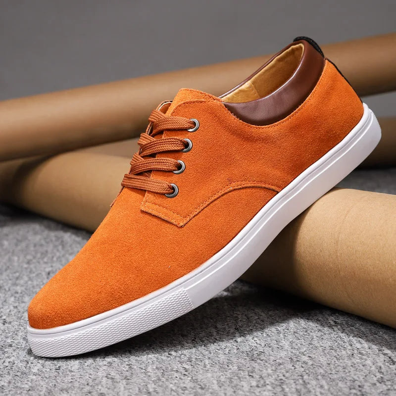 Men's brown suede casual dress shoes with plush sheepskin insole for all-day comfort