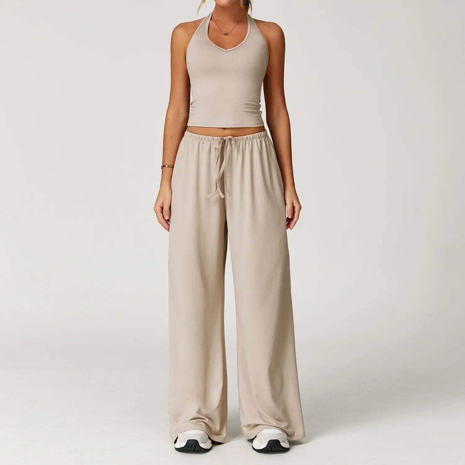 Women's casual wide leg loose fit winter pants in neutral tones, relaxed silhouette with breathable soft fabric