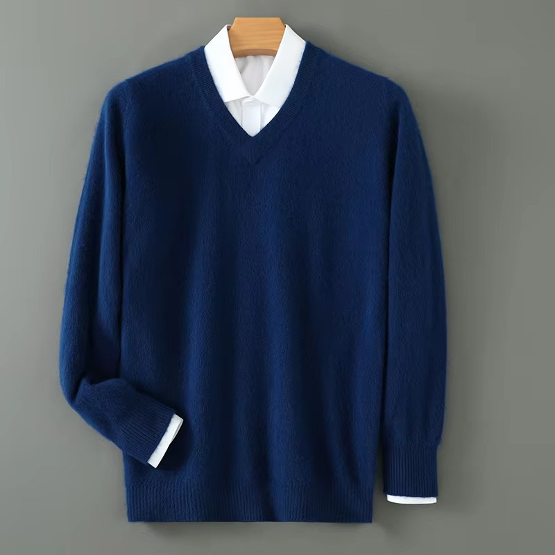 Men's cashmere blend V-neck pullover sweater, loose fit knit, lightweight warm plus size style