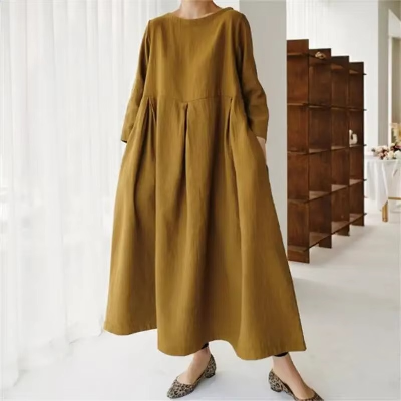 Plus size cotton linen maxi dress women loose fit round neck pullover breathable spring summer 2024