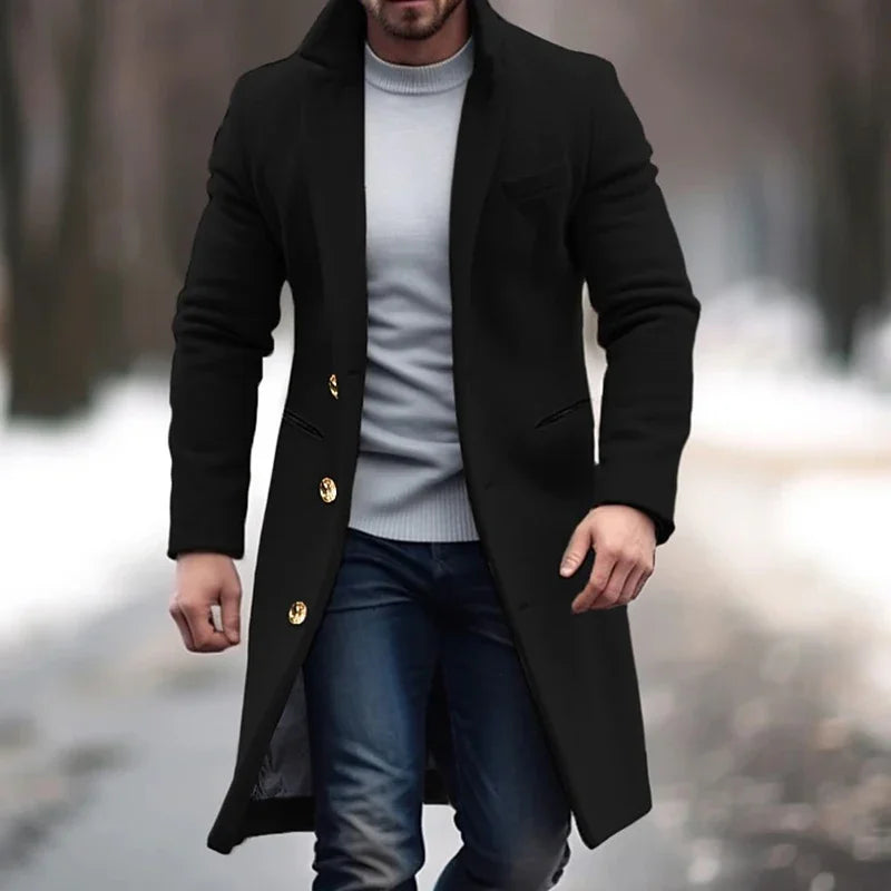 Men's full-length tailored winter overcoat in classic cut with stretch polyester-spandex blend sharp fit