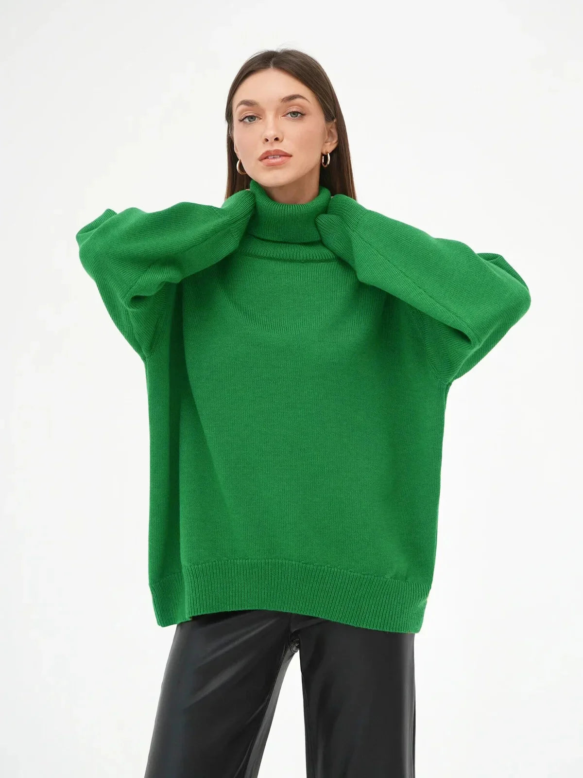 Arya oversized cream turtleneck sweater with ribbed knit texture and relaxed cozy silhouette