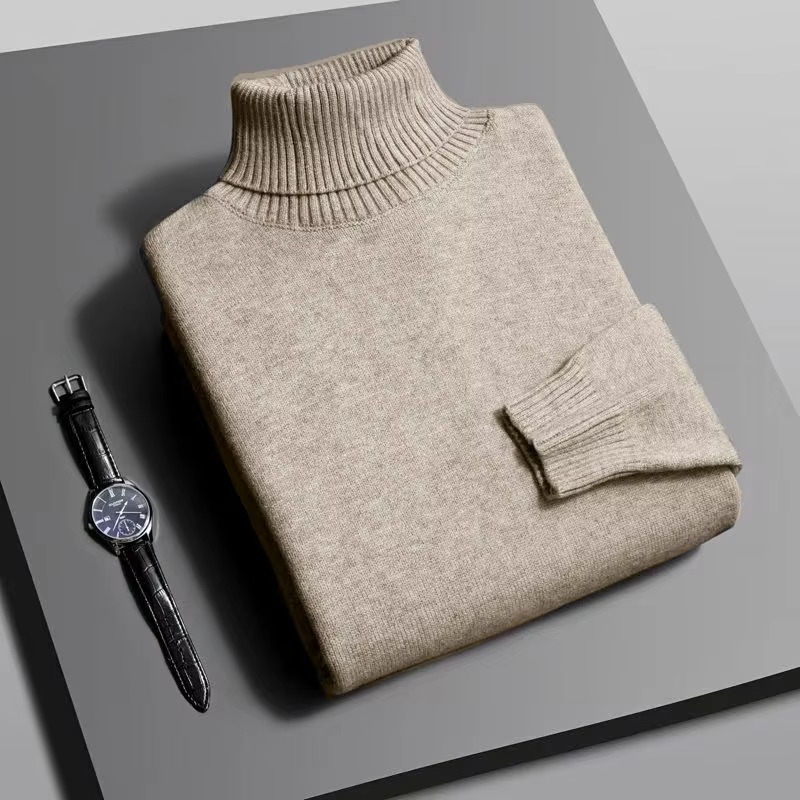Men's slim fit knitted turtleneck pullover sweater in neutral tone with ribbed high-neck detail