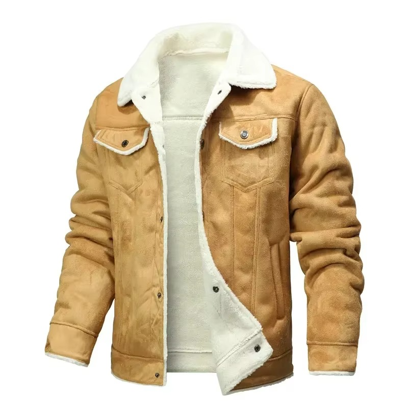 Men's brown suede leather winter coat thick fleece lining turn-down collar premium slim fit