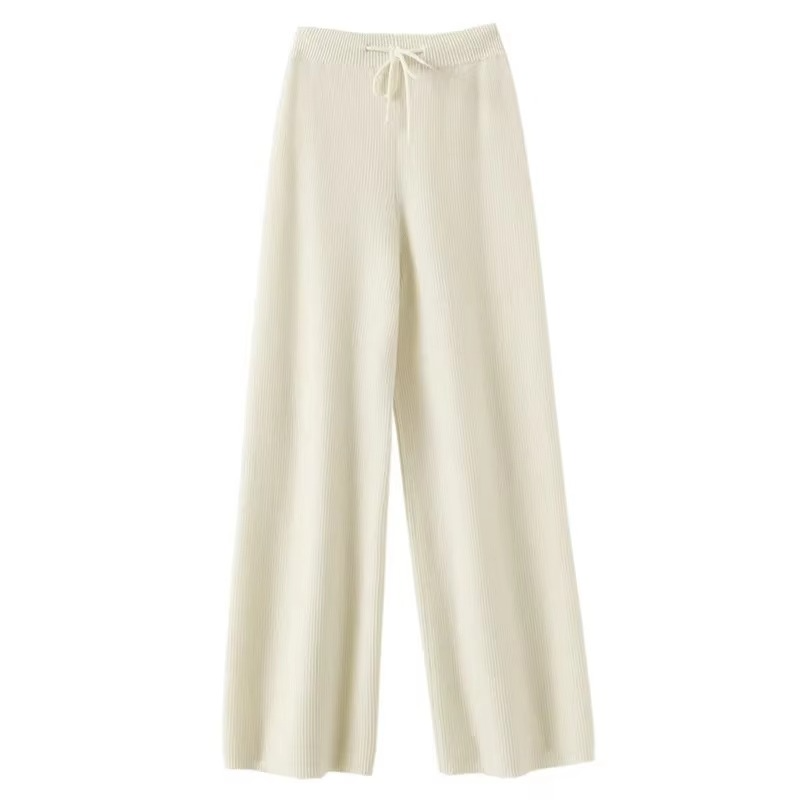 Women's high waist wide-leg woolen knit pants in neutral tone, cozy fall-winter soft fabric
