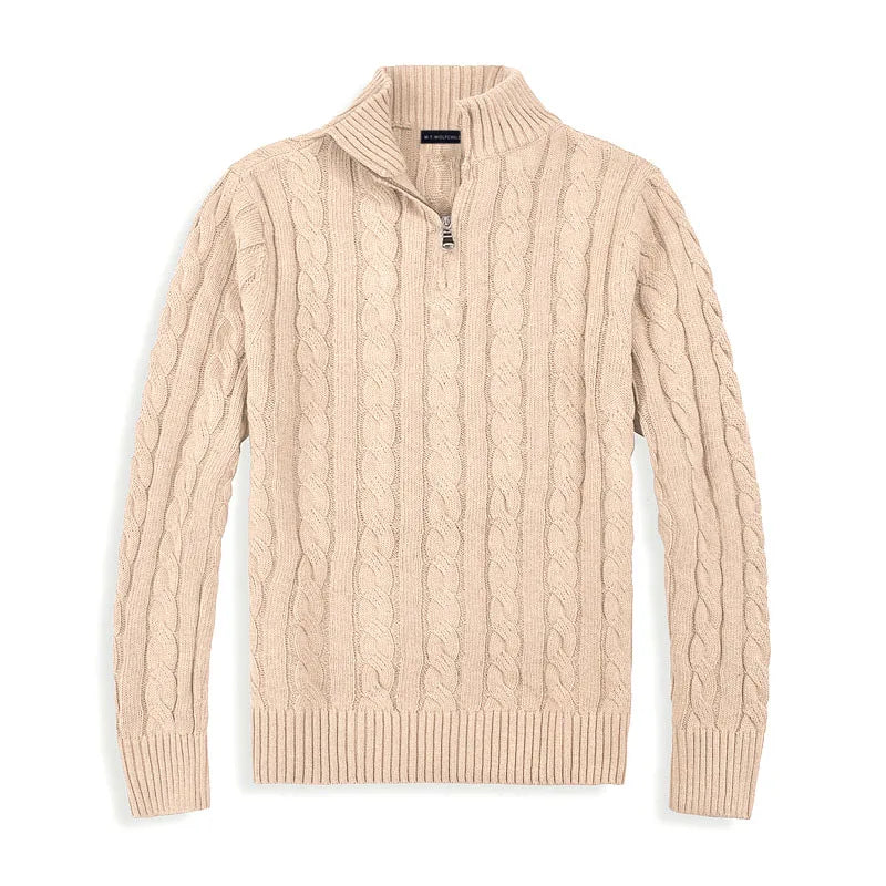 Men's beige cable knit half-zip sweater, cotton blend regular fit with ribbed edges and sculpted texture