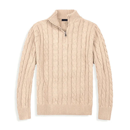 Men's gray cable knit half-zip sweater wool cotton blend with high collar and ribbed details