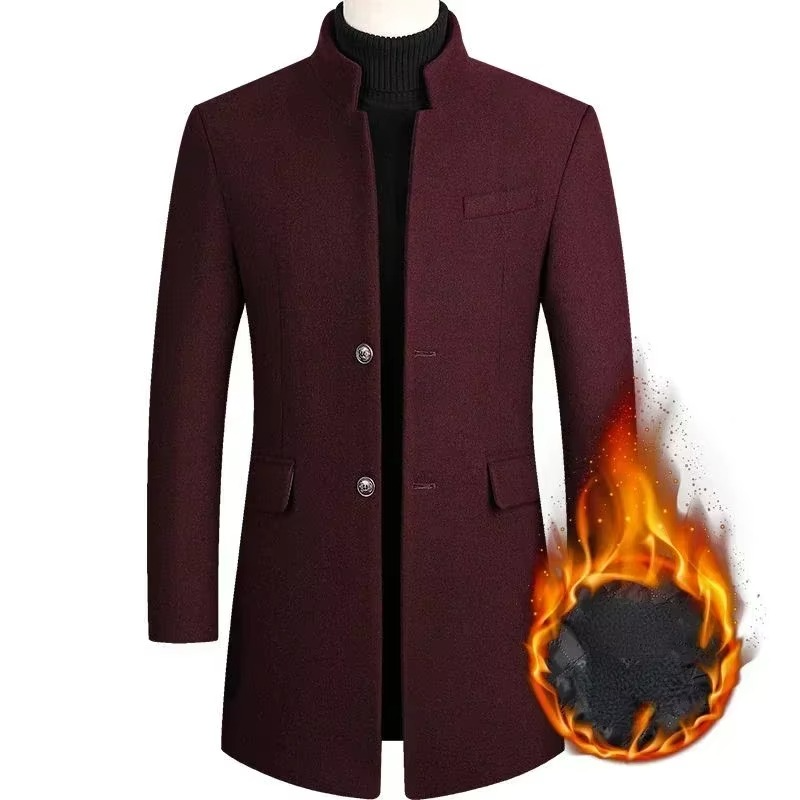 Burgundy wool blend men's trench coat with refined tailoring and thickened fabric for cold weather
