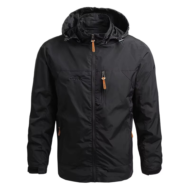 Men's tactical waterproof windbreaker jacket with hood, lightweight weather-resistant outdoor climbing shell