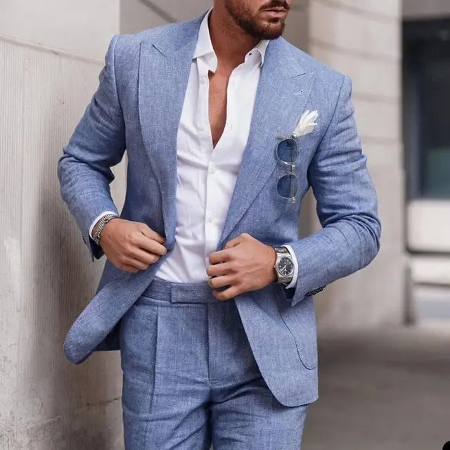 Men's slim fit beige linen suit set, single breasted, lightweight breathable with Nordic Flair elegant design
