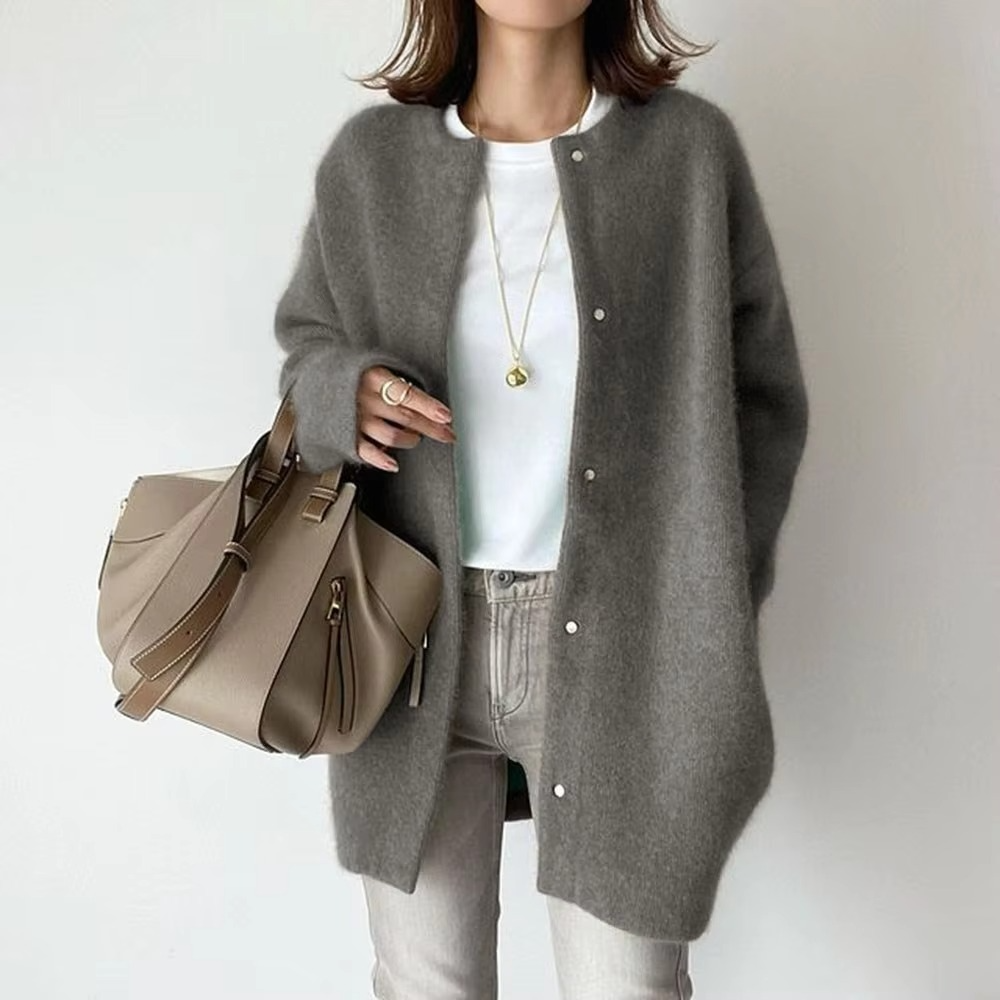 Women's mink velvet knit cardigan coat, mid-length A-line silhouette in soft plush fabric