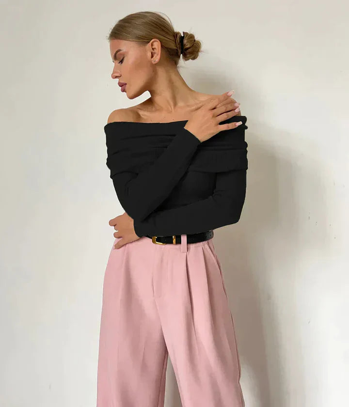 Women's cream ribbed knit off-shoulder sweatshirt fitted silhouette long sleeve casual top