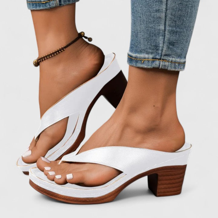 Women's block heel thong sandals with platform sole, chunky stacked wood-effect heel, leather-look strap