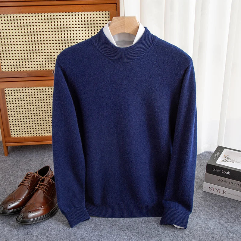 Men's dark wool half-high collar sweater, soft 100% knit with clean streamlined layering silhouette