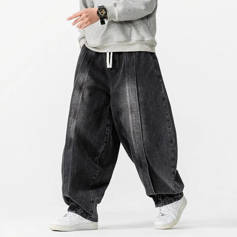Renzo wide leg relaxed fit denim pants solid wash harem-inspired cut for men versatile style