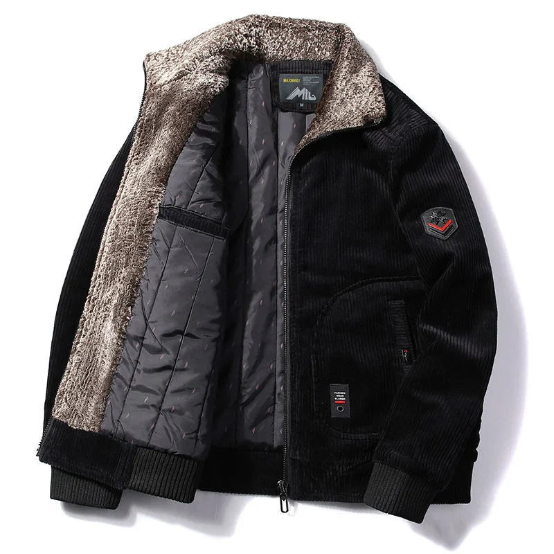 Men's brown corduroy aviator thermal jacket with classic flight silhouette and ribbed trim