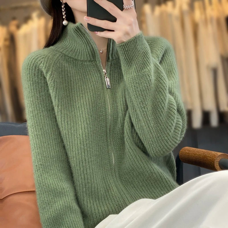 Charlotte Prestige wool zip-up sweater in classic style with cozy padded shoulders and sleek zipper closure