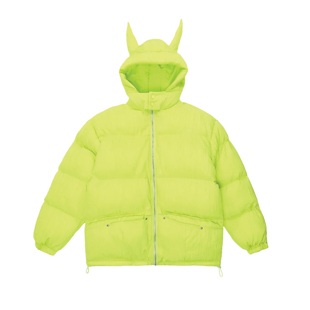 Black horned hooded puffer coat with face guard, thick cotton padding and zipper closure