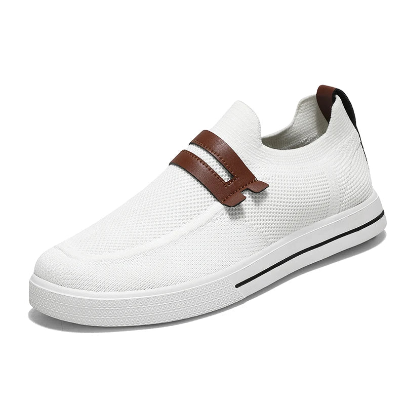 Men's slip-on knit mesh shoes in neutral tones with breathable EVA foam cushioned sole for all-day comfort