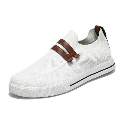 Men's slip-on knit mesh shoes in neutral tones with breathable EVA foam cushioned sole for all-day comfort