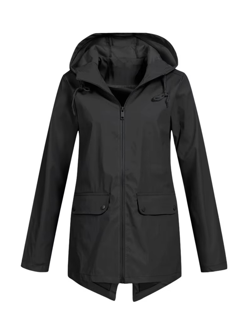 Women's waterproof hooded trench coat windbreaker with velvet lining, all-weather winter outerwear