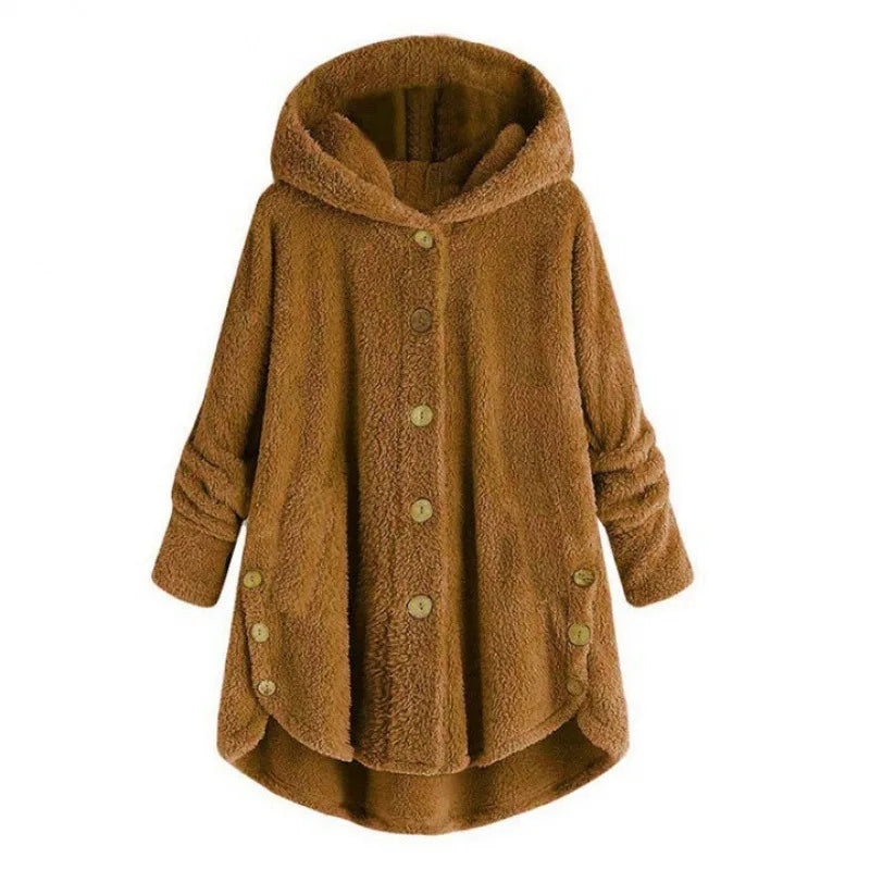Women's cozy hooded fleece jacket relaxed fit plush texture button front in neutral tone