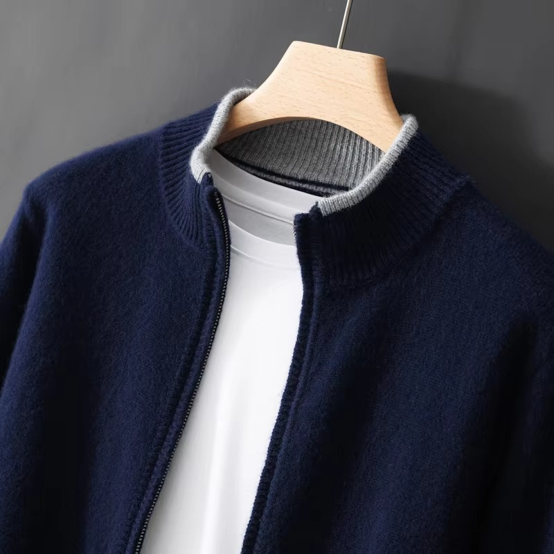 Men's pure cashmere zip cardigan sweater, loose fit casual knit jacket in neutral warm tone