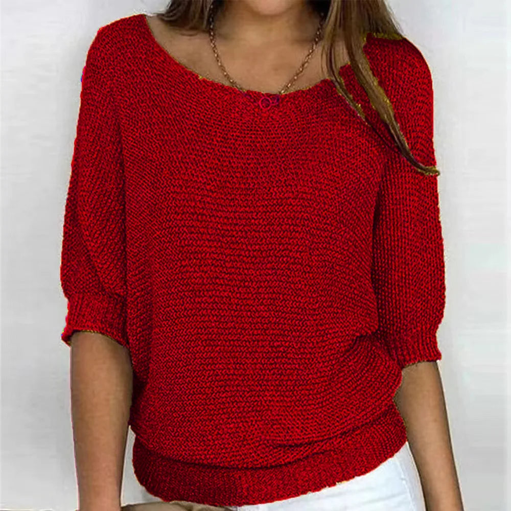 Women's loose fit knit sweater round neck three-quarter sleeves soft everyday essential
