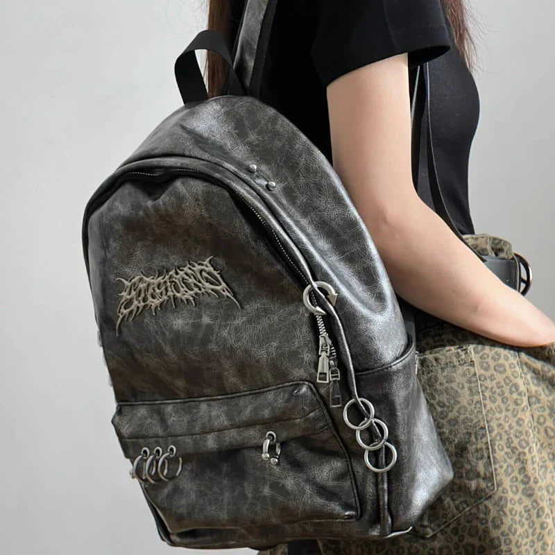 Raven gothic backpack gray metallic canvas large capacity multi-pocket silver metal accent design