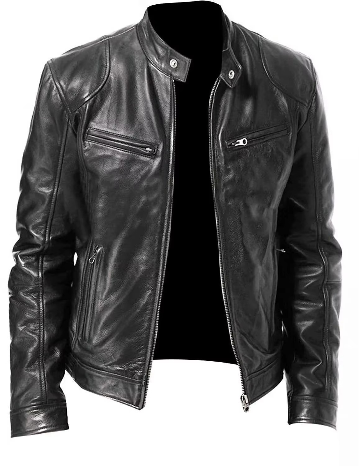Men slim fit black PU leather motorcycle jacket stand collar wind resistant modern style