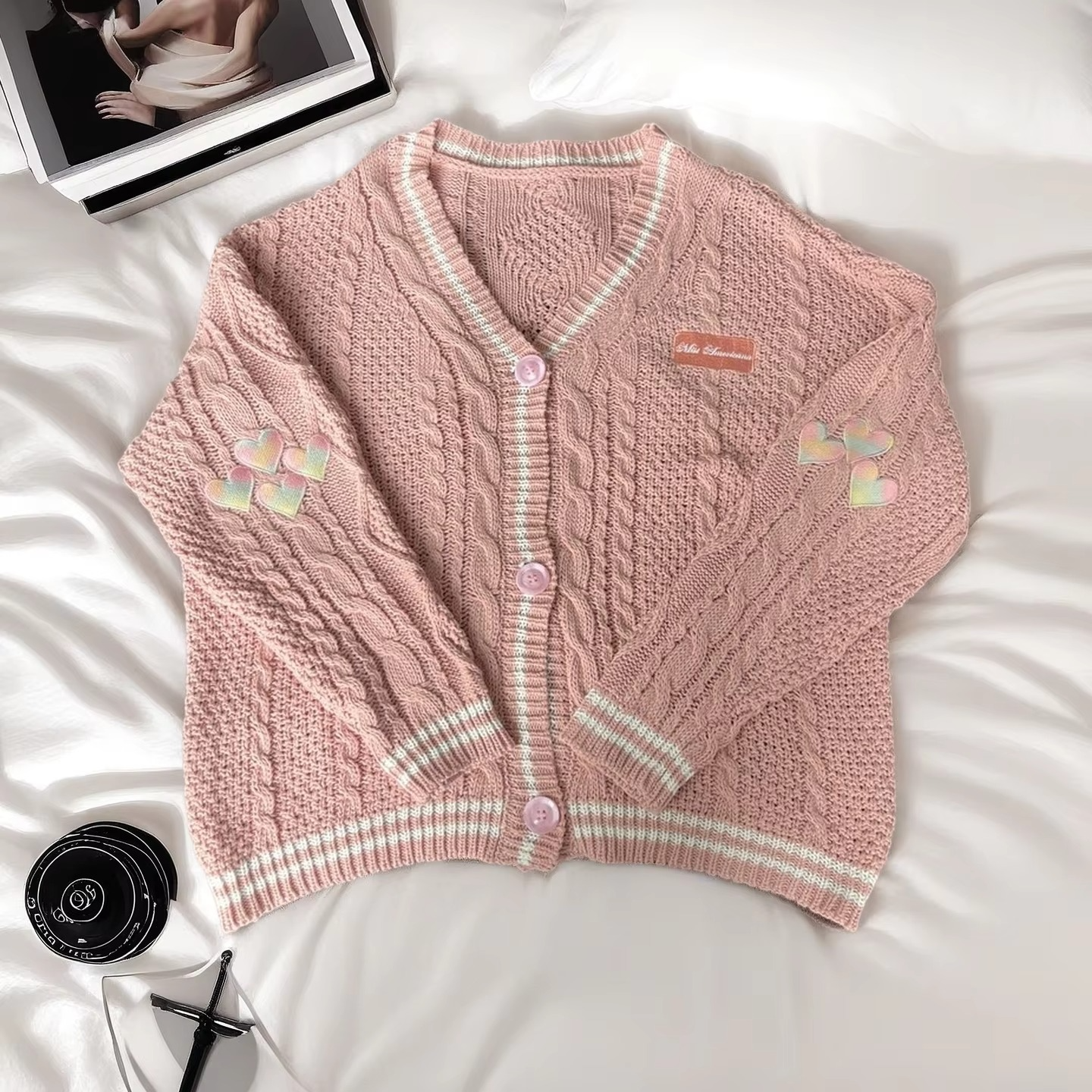 Women's beige knit cardigan with autumn maple leaf embroidery, cozy midweight relaxed fit
