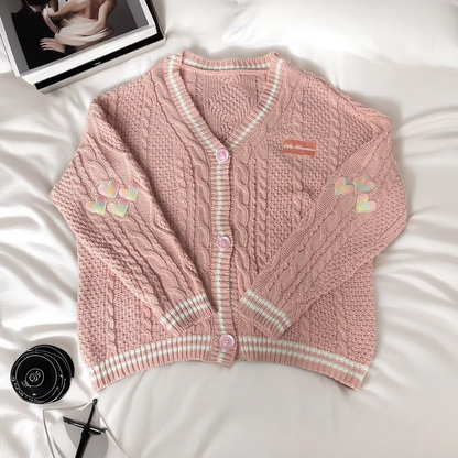 Women's beige knit cardigan with autumn maple leaf embroidery, cozy midweight relaxed fit