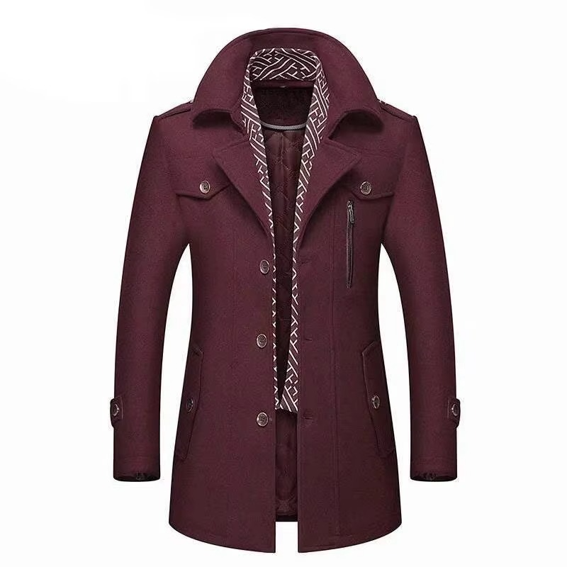 Men's mid-length wool blend winter overcoat with scarf collar, padded insulation, smart-casual fit