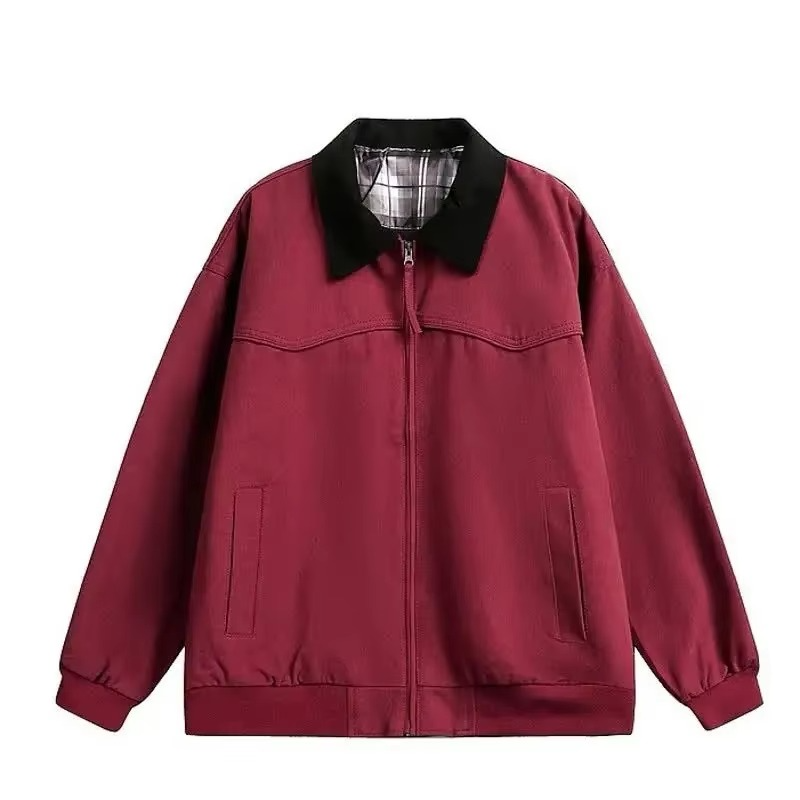 Men's brown cotton workwear jacket snap-button closure relaxed fit durable American vintage style