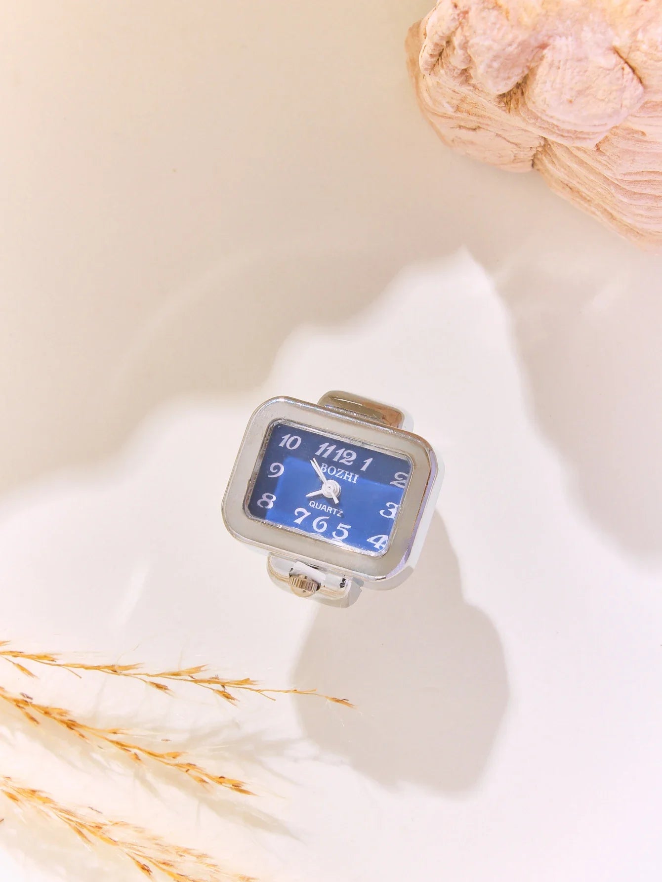 Silver ring watch with dainty square face dial, elegant minimalist finger jewelry timepiece