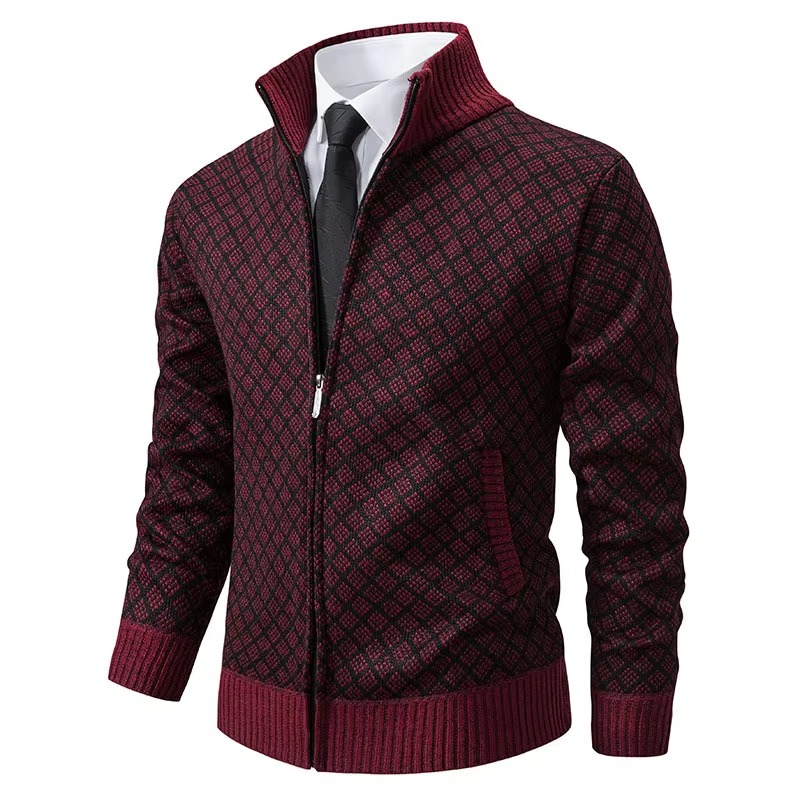 Men's lightweight knitted zip-up cardigan sweater with stand collar, casual everyday style