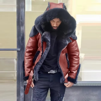 Men's black heavyweight leather jacket with faux fur collar and warm wool lining for winter