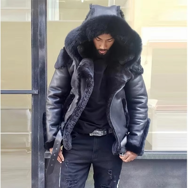 Men's black heavyweight leather jacket with faux fur collar and warm wool lining for winter