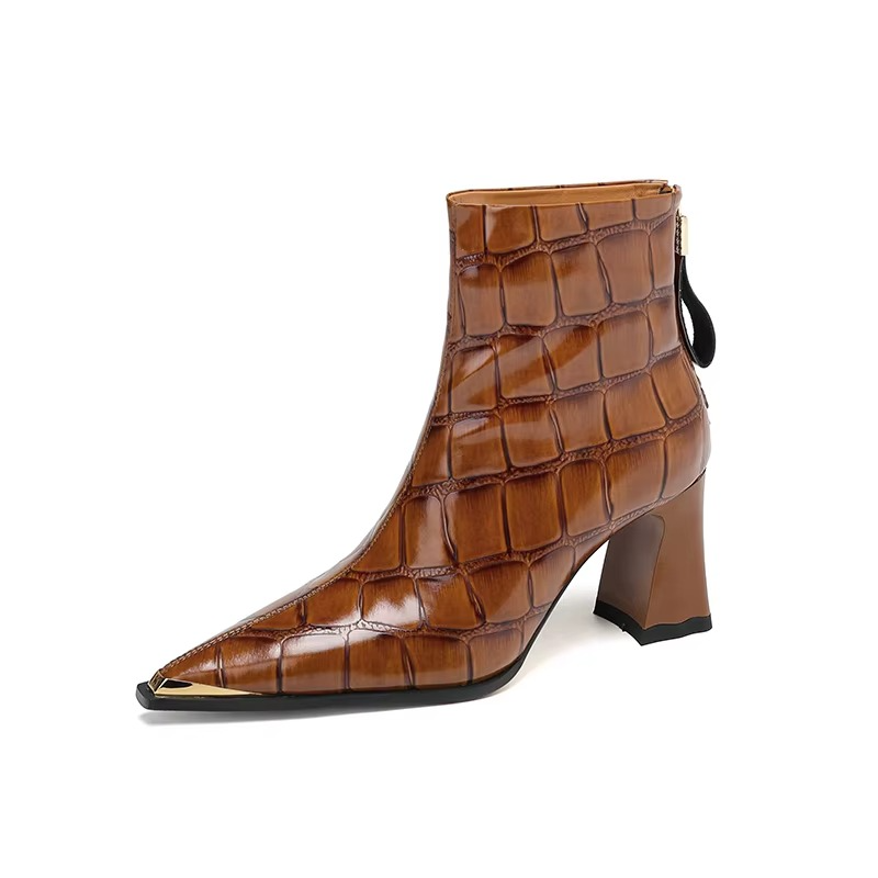 Women's brown genuine leather ankle boots retro style block heel elegant everyday fashion footwear