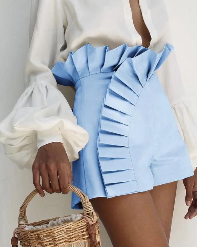 Aria pleated high-waist shorts with cascading ruffles, sculpted fit and soft breathable fabric