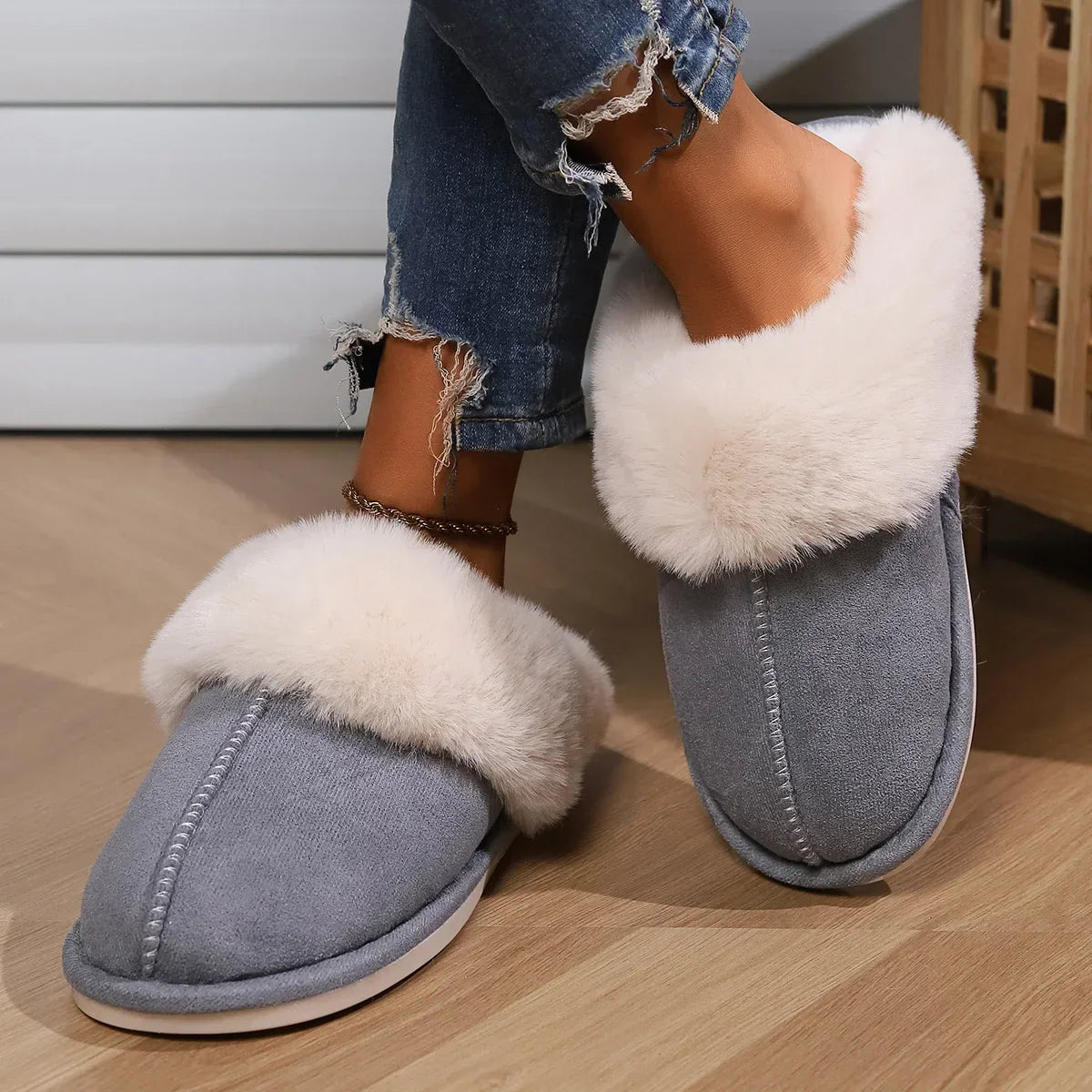 Women's plush fur indoor slippers in cozy fluffy style with soft warm lining for winter comfort