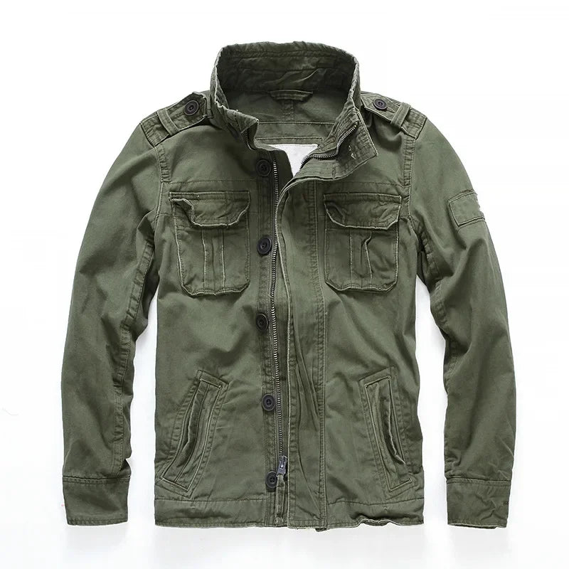 Men's blue heavyweight cargo denim jacket with utility pockets and rugged field-inspired cut