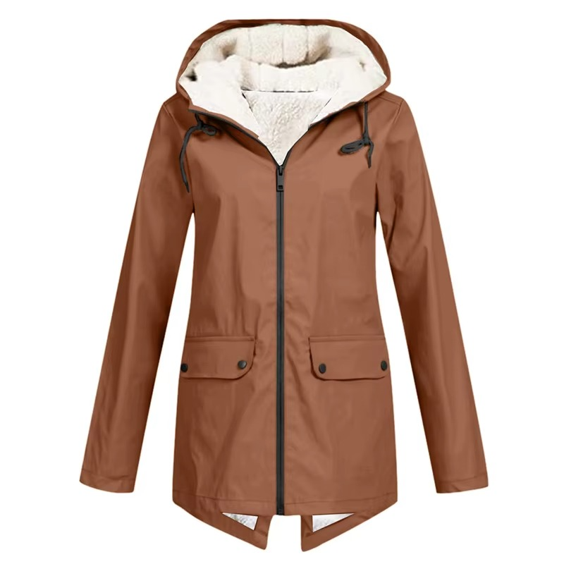 Women's waterproof hooded trench coat in neutral tone, velvet-lined windbreaker with belted waist